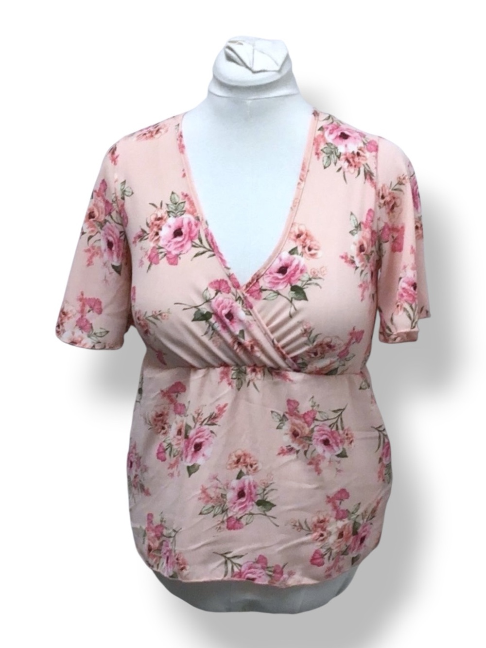 Stunner Women’s Short Sleeve Surplice Empire Waist Blouse Coquette Pink Floral S